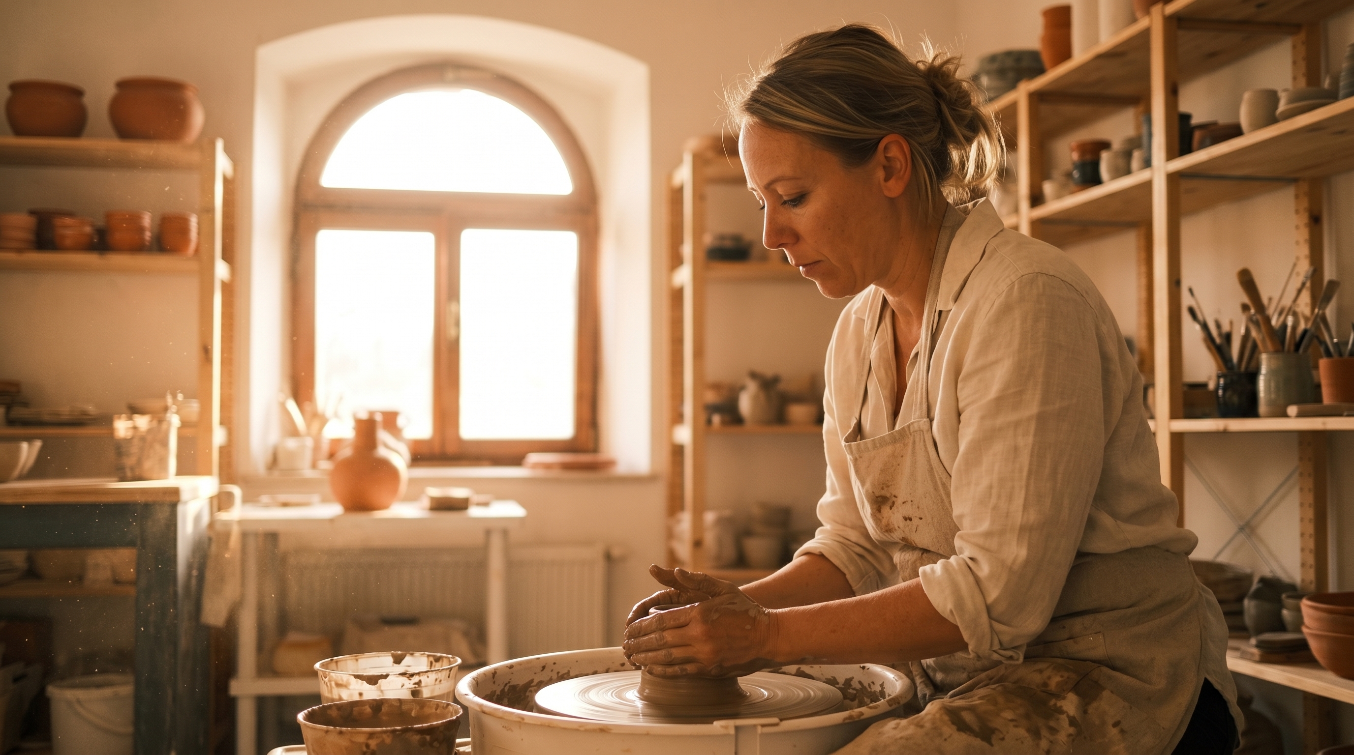 Hands centering clay on the wheel in a sun-lit Piran ceramics studio